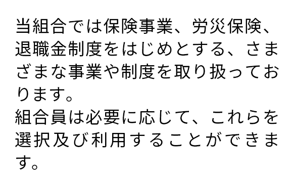 当組合では保険事業、労災保険、退職金制度をはじめとする、さまざまな事業や制度を取り扱っております。組合員は必要に応じて、これらを選択及び利用することができます。